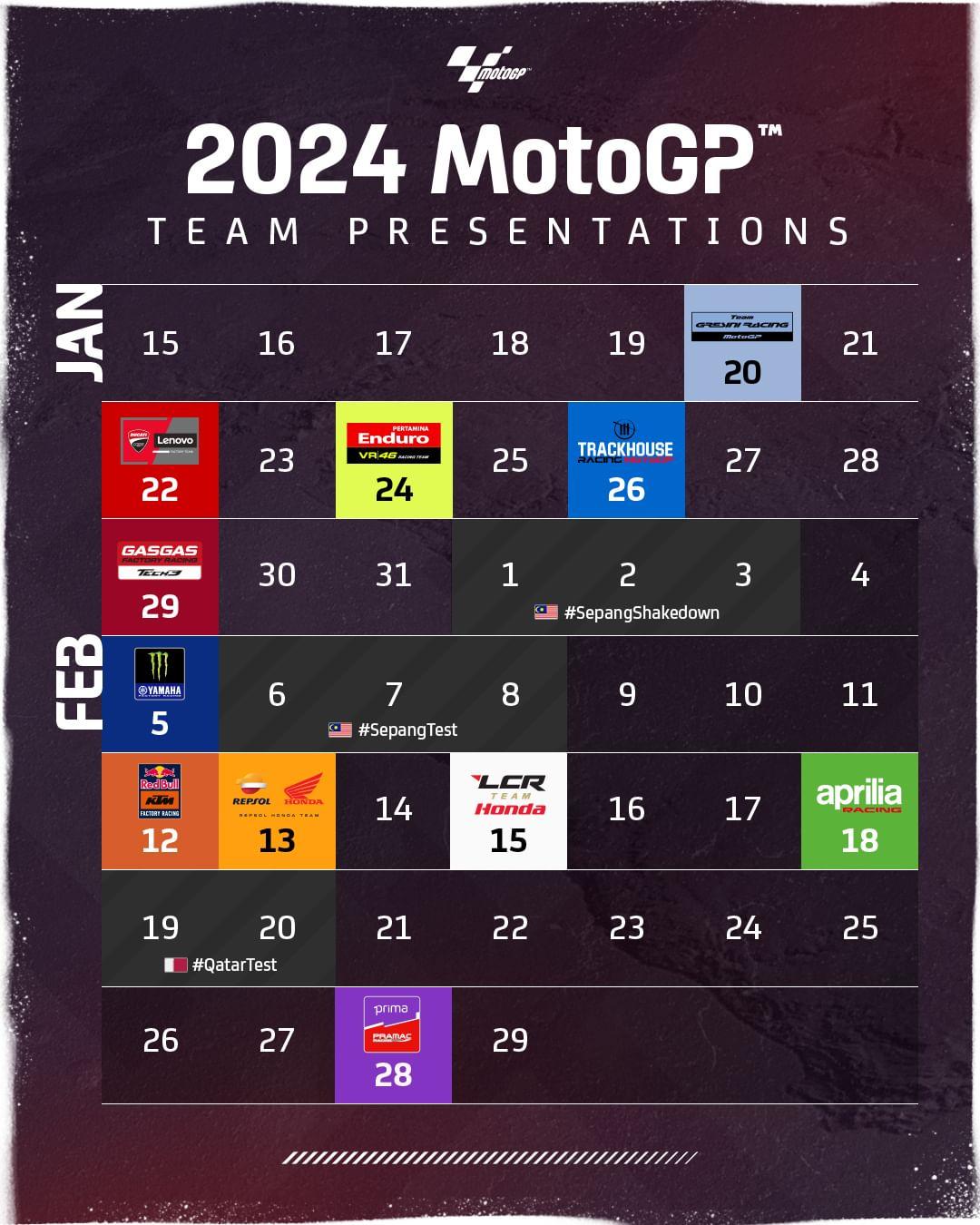 #MotoGP2024 is here! 🤩 Save the dates for the most awaited presentations! 🗓 

#MotoGP 🏁