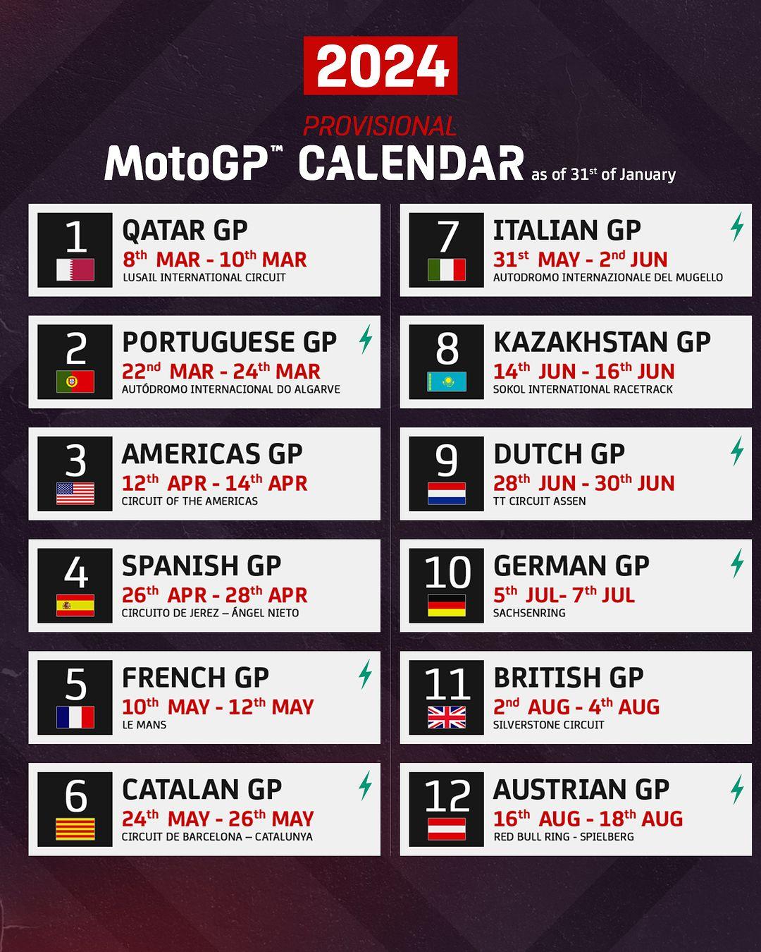 With 21 Grands Prix instead of 22, the 2024 season will still be a record-breaking one! 🙌 Check out the updated version of the calendar! 🗓️

#MotoGP2024 #MotoGP #Motorsport #Motorcycle #Racing