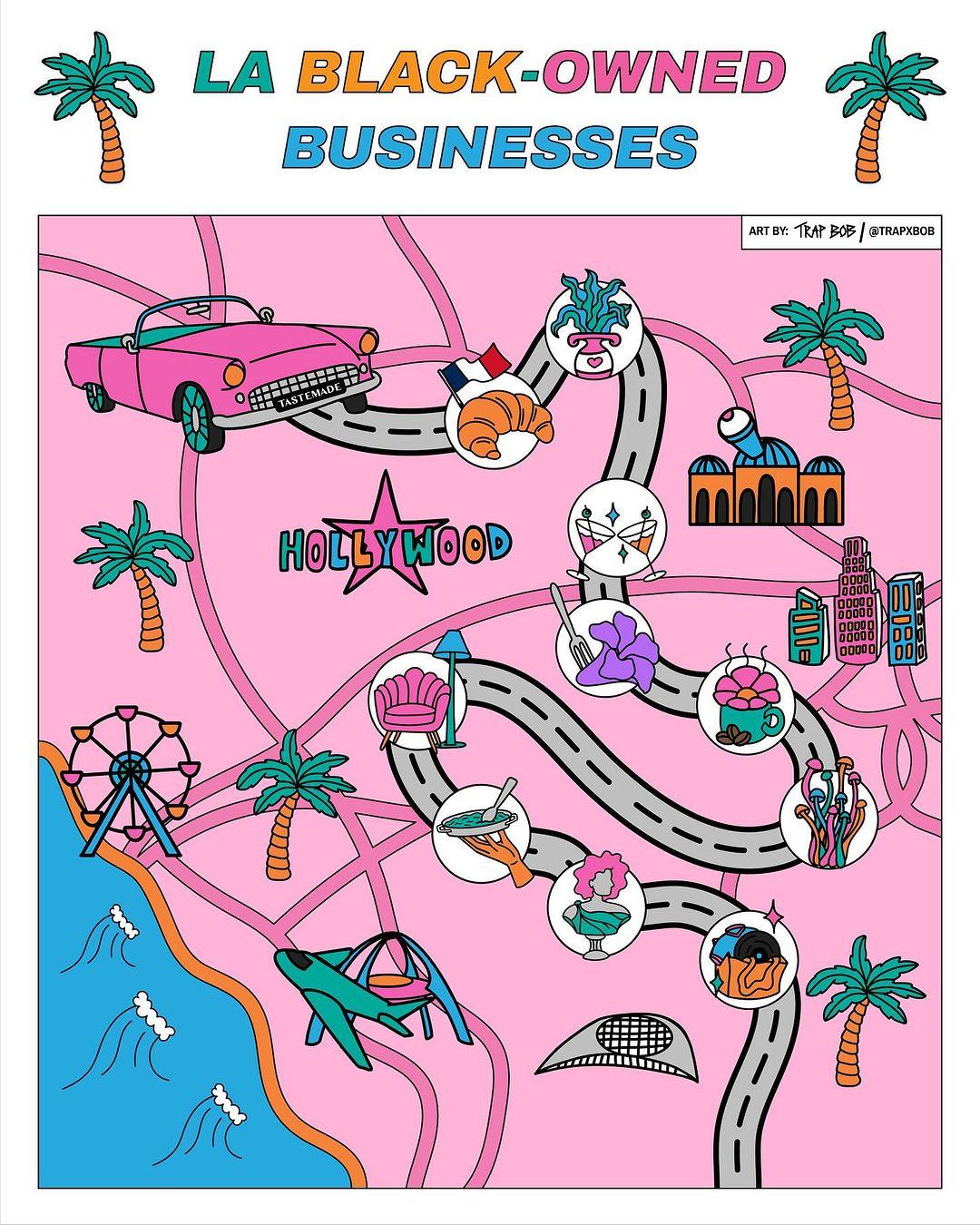 Get in besties, we’re shopping local this month! 🛍️

We worked with the amazing @trapxbob to create this illustrated map of Black-owned businesses throughout the LA area. From @blackmarketflea to @bloomandplumecoffee we’re showing the love to some of our favorite local spots in the city. Tap the #linkinbio for more info on these locations! 

Tag another small business you’re supporting this Black History Month! 👇