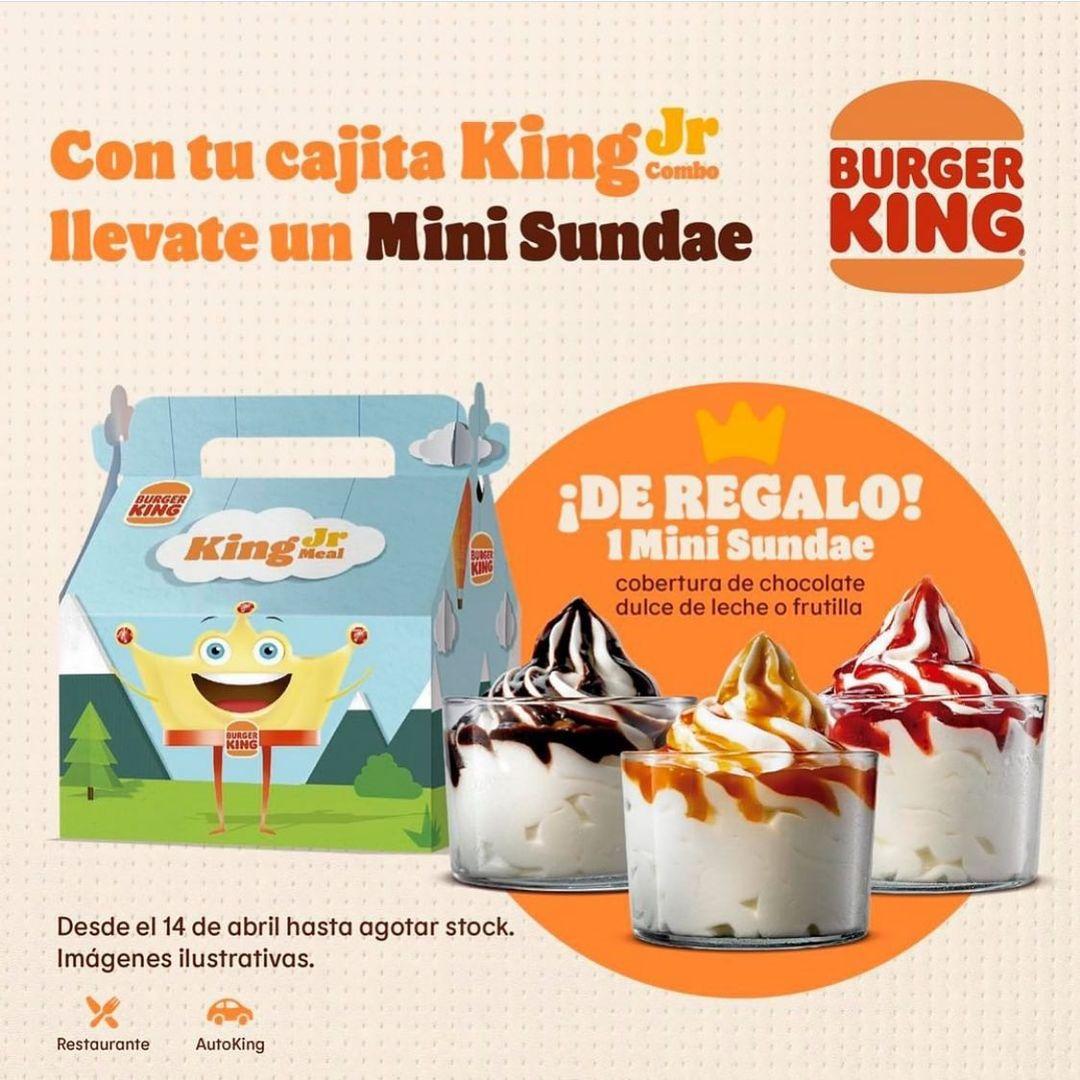 
 Disfrutá de un mini Sundae con tu cajita King Jr. 🤩 

¡Elegí la cobertura que más te guste! 

👉🏼Válido para restaurante y autoking. 

 #ComoVosQuerés 
 