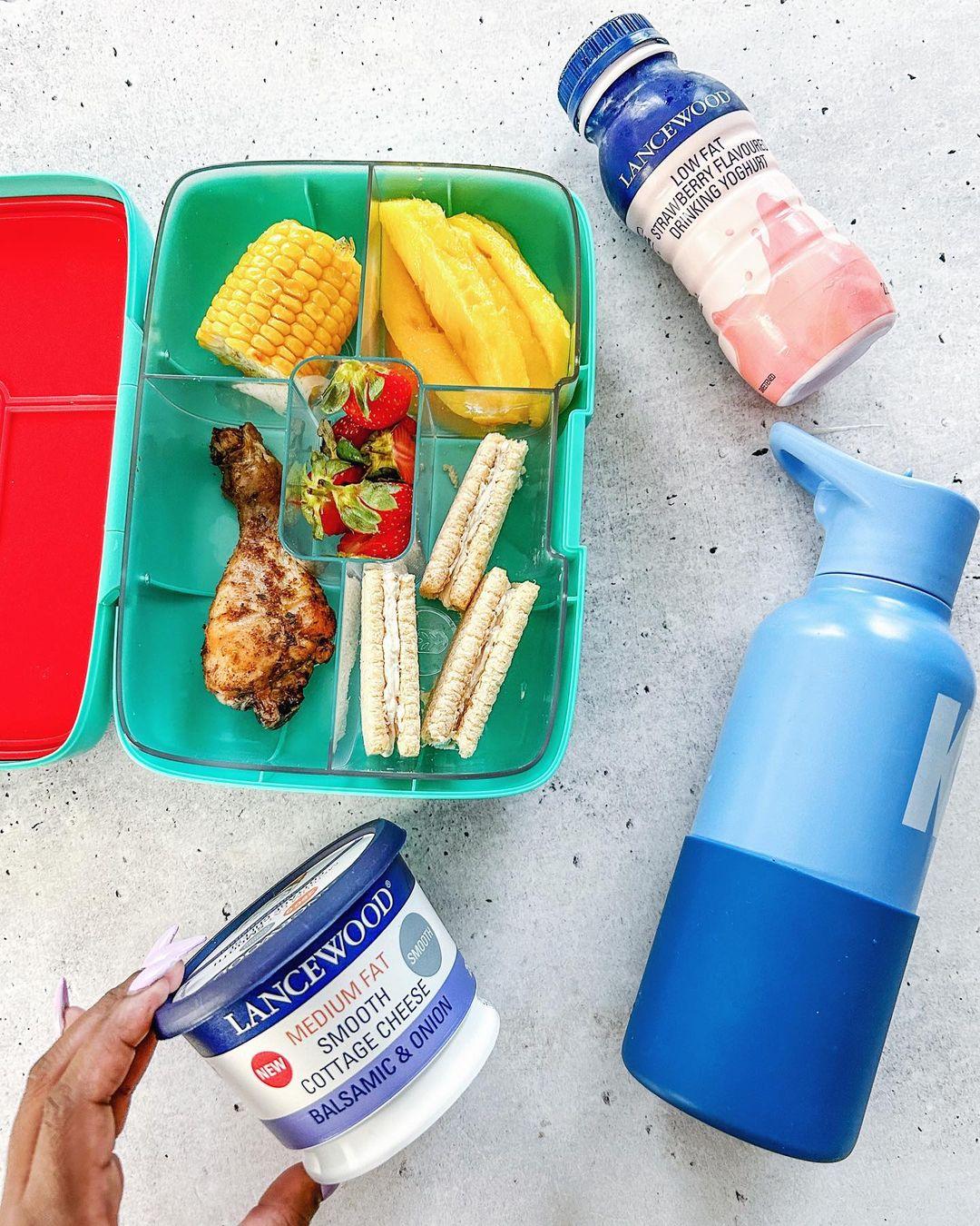 class="content__text"
 Balanced Lunchbox Ideas for the week ahead💡 

The key to a balanced lunchbox is variety and colour. I always make sure to add fruit, vegetables, protein, grain and dairy. I’ve partnered with @lancewood.co.za and @mycrunchbox to make sure all my boy’s lunchboxes are packed with goodness. Lancewood has a variety of great dairy products that you can easily incorporate into your kids lunchboxes without any work at all. 

Lunchbox 1:
Wheat Toast cracker bread with @lancewood.co.za ’s yummy balsamic &amp; onion cottage cheese
Chicken drumstick 
Grilled corn
Mango
Strawberries 
Strawberry drinking yogurt also from Lancewood 
Water

Lunchbox 2:
Ham &amp; cheese croissant using Grated Gouda from Lancewood
Beet Salad
Grapes
Popcorn
The delicious Double Cream Mixed Berry yogurt from @lancewood.co.za 
Water 

Lunchbox 3:
Ham &amp; Cheese Rolls using Lancewood Cheese Slices 
Crackers 
Strawberries and blueberries 
Carrots and cucumbers with 
Hummus for a dip
@lancewood.co.za Coco-pine drinking yogurt 

Save this post for future reference and share these awesome lunch ideas with your friends! 🙌🏾
 #LANCEWOODLunchbox
 #Backtoschool
 #LANCEWOODQualityTime

(Tags in each frame: @lancewood.co.za@mycrunchbox ) 
 