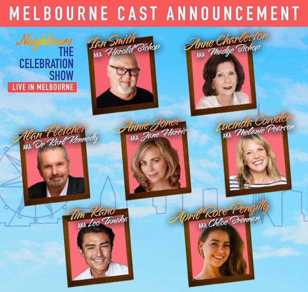 class="content__text"
 MELBOURNE CAST ANNOUNCEMENT 📢 📢
 
We are thrilled to announce the line-up for Neighbours - The Celebration Show at @artscentremelbourne .
 
Ian Smith, Anne Charleston, Alan Fletcher, Annie Jones, April Rose Pengilly, Tim Kano and Lucinda Cowden, will all be at Hamer Hall in April to talk all things #Neighbours and to tell us all about life on Ramsay Street.
 
For tickets head to:
www.artscentremelbourne.com.au/whats-on/2023/talks-and-ideas/neighbours 
 