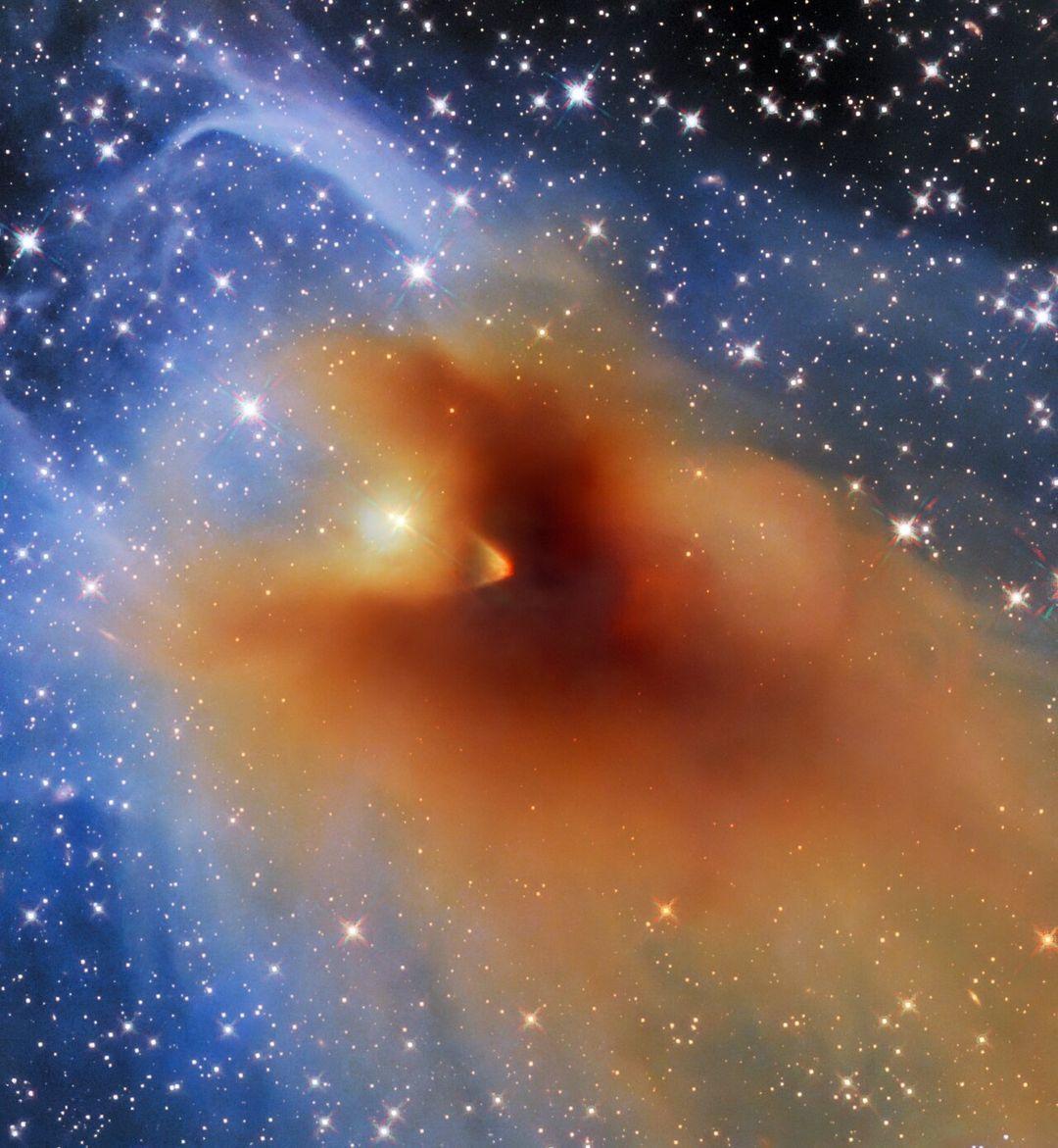 class="content__text"
 If you stare at this long enough 👀, your eyes might start fooling you into seeing something they’re not. We know from experience. (Anyone else see a beetle?) 😳

Astronomers used the Hubble Space Telescope to look at a small, dense cloud of gas and dust in the center of this image. CB 130-3—as the cloud is named—is an object known as a dense core, a compact mass of gas and dust. This particular dense core is in the constellation Serpens, and seems to billow across a field of background stars. ✨

Dense cores like CB 130-3 are the birthplaces of stars, and are particularly interesting to astronomers. During the collapse of these cores, enough mass can accumulate in one place to reach the temperatures and densities required to ignite hydrogen fusion, marking the formation of a new star.

While it may not be obvious from this image, a compact object teetering on the brink of becoming a fully fledged star is embedded deep within CB 130-3.

 #Hubble #stars #space #beetle

Credit: ESA/Hubble, NASA &amp; STScI, C. Britt, T. Huard, A. Pagan.

ALT TEXT: An irregularly shaped bright orange object composed of dense gas and dust appears darker and more compact at the center. This dense cloud, called CB 130-3, is outlined by thinner gas and dust in light shades of blue. The background shows a multitude of bright stars against a black background. Only a few stars appear within the orange area. 
 