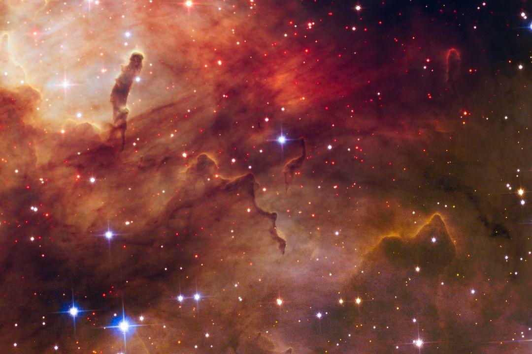 class="content__text"
 What a beautiful view in this detailed image of Westerlund 2!

The red dots scattered throughout the landscape around Westerlund 2 are newly forming stars still wrapped in their cocoons of gas and dust. These tiny, faint stars are between 1 and 2 million years old and have not yet ignited the hydrogen in their cores.

Hubble's near-infrared vision allows astronomers to identify these fledgling stars.

 #Hubble #infrared #Westerlund #nebula #stars #light

Credit: NASA, ESA, the Hubble Heritage Team (STScI/AURA), A. Nota (ESA/STScI), and the Westerlund 2 Science Team.

ALT TEXT: A nebula with cloud-like structures in shades of red, from light pink to deep red and brown. Stars are scattered through the image, as are nodes of gas and dust protruding in different spots. A dark red tentacle-like object sticks out at the upper left. 
 