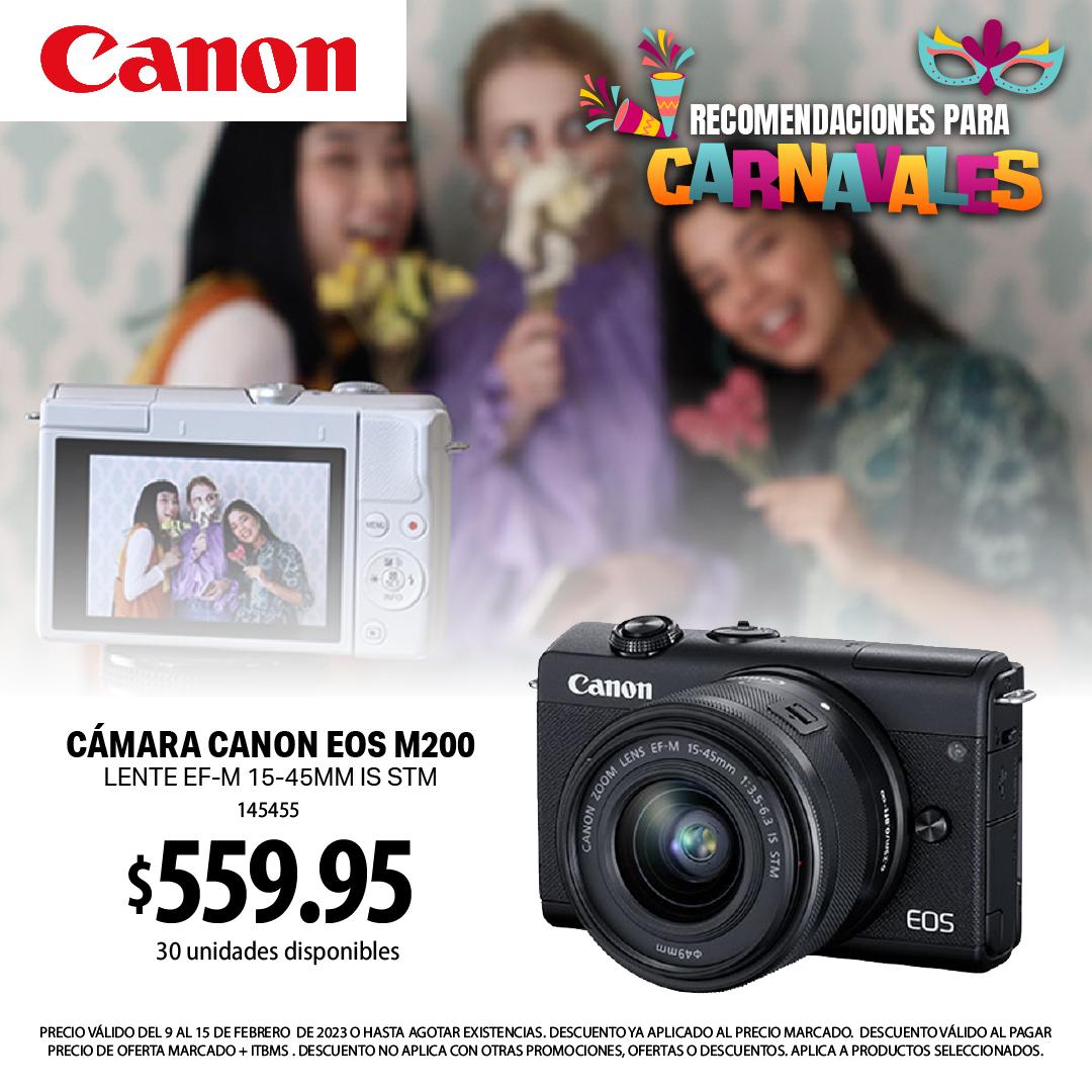 class="content__text"
 ¡Ya está aquí la mejor opción para capturar y guardar tus recuerdos de los Dias de Carnaval!😎☀️ CON CANON EOS M200EF-M 15-45mm IS STM podrás disfrutar de imágenes con CT 24.1MP, grabación en 4K y distintas funcionalidades como el remote shooting con tu celular😱

🔴 145455
$559.95
uds: 30

PRECIO VÁLIDO DEL 9 AL 15 DE FEBRERO DE 2023 O HASTA AGOTAR EXISTENCIAS. DESCUENTO YA APLICADO AL PRECIO MARCADO. DESCUENTO VÁLIDO AL PAGAR PRECIO DE OFERTA MARCADO + ITBMS. DESCUENTO NO APLICA CON OTRAS PROMOCIONES, OFERTAS O DESCUENTOS. APLICA A PRODUCTOS SELECCIONADOS. 
 