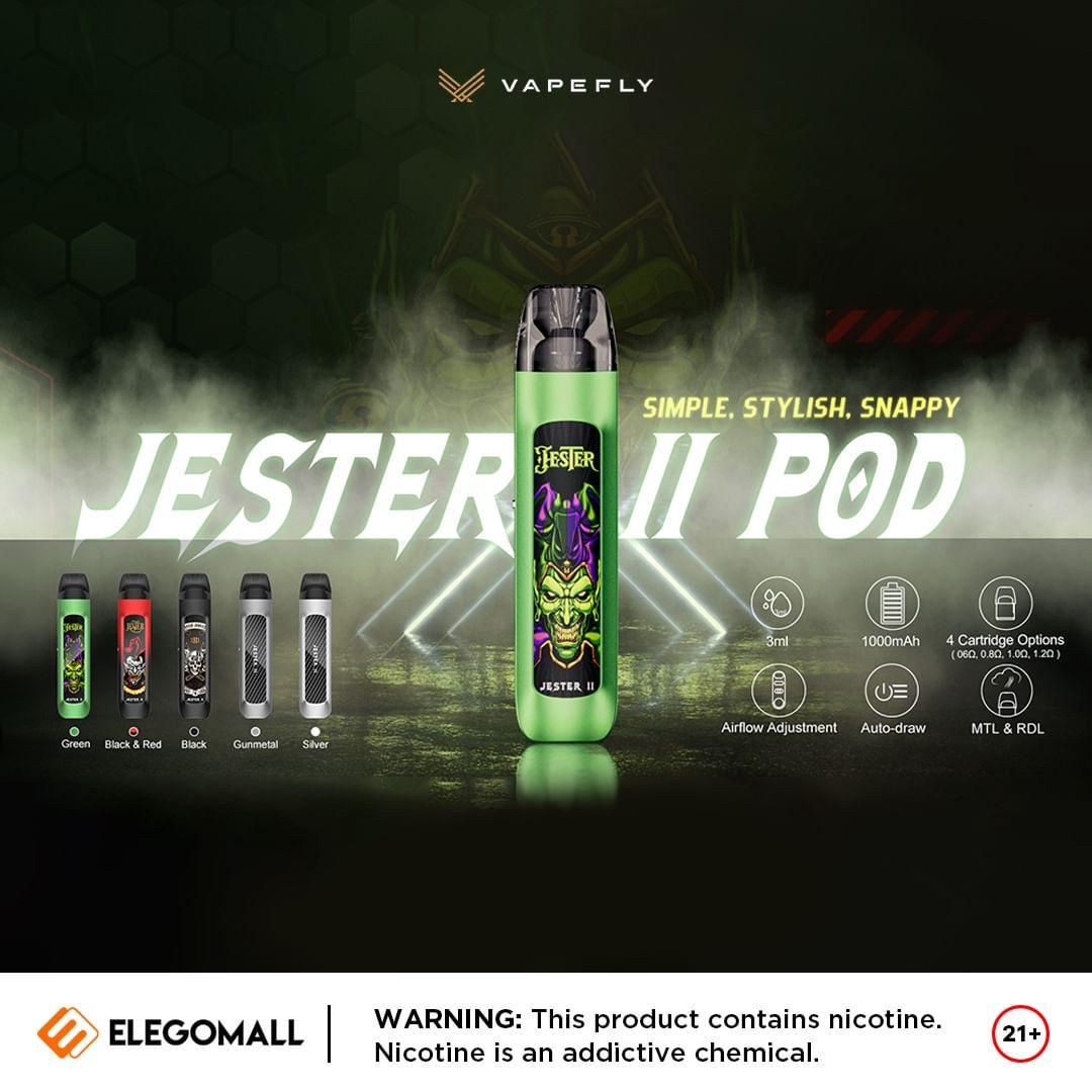class="content__text"
 The dazzling design of the Vapefly Jester II Pod makes you stand out in the crowd. It has 3ml e-liquid capacity and 4 cartridge options, powered by 1000mAh built-in battery, and features a side filing system and easy airflow adjustment.
.
More details:https://bit.ly/vapeflyjesterii
.
Like ElegoMall.com for more vape gear.

Warning: This product contains nicotine. Nicotine is an addictive chemical.⁣⁣⁣⁣⁣⁣⁣⁣⁣⁣⁣⁣

 #elegomall #vapeshop #vapewholesale #podmod #vapesp #vapelife #vapeon #vapers #vapefam #vapefly #vapepics #vapelove #vapefams 
 