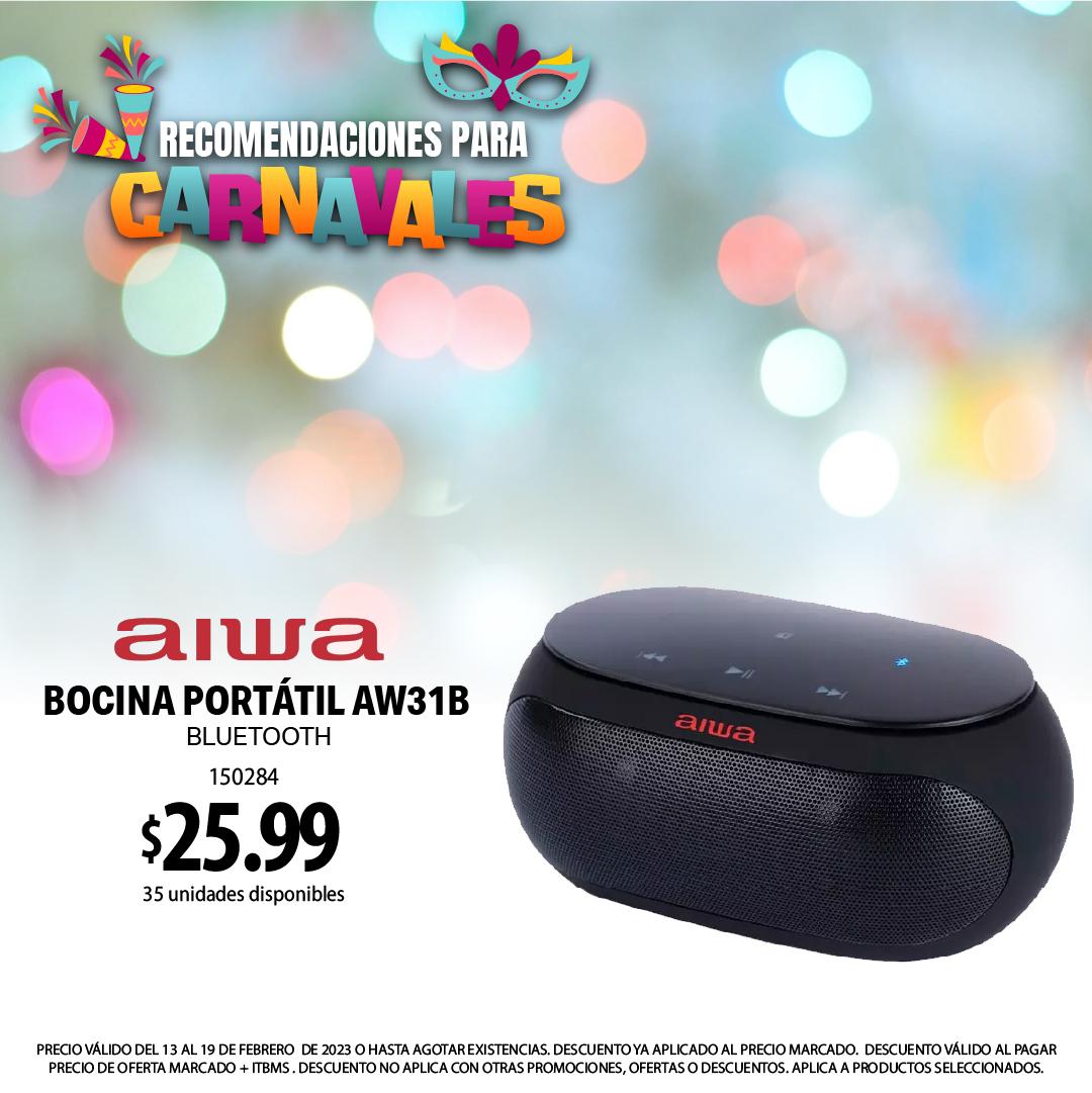 class="content__text"
 ¡Rumbea al máximo este Carnaval con la AIWA AW31B! 😎Comparte unos carnavales inolvidable con esta increíble bocina portátil.☀️ Llevalo contigo en cualquier fiesta o simplemente para divertirte todos los días💦. ¡Es hora de celebrar el verano! ✨

🔴150284
$25.99
uds: 35

OFERTA VÁLIDA DEL 13 AL 19 DE FEBRERO DE 2023 O HASTA AGOTAR EXISTENCIAS. 
 