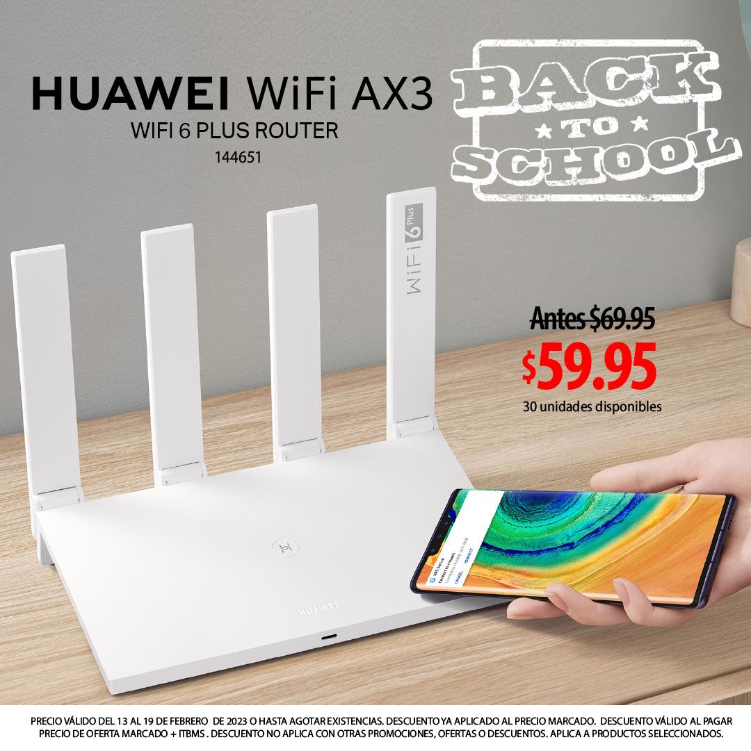 class="content__text"
 ¡Ya están aquí las promos de regreso a clases de HUAWEI!🍎 Con el router #HuaweiAX3, obtén WI-FI 6 Plus para conectar todos tus dispositivos sin sufrir interrupciones🤓. Disfruta del máximo alcance y velocidad con la MUMIMO Dual Band 2.4GHz + 5GHz y transferencia ultrarrápida hasta 1000 Mbps por segundo 👏¡Prepárate para vuelvas a las clases mejor equipado!👍

🔴 144651
Ahora$59.95 Antes $69.95
UDS: 30

OFERTA VÁLIDA DEL 13 AL 19 DE FEBRERO DE 2023 O HASTA AGOTAR EXISTENCIAS. 
 