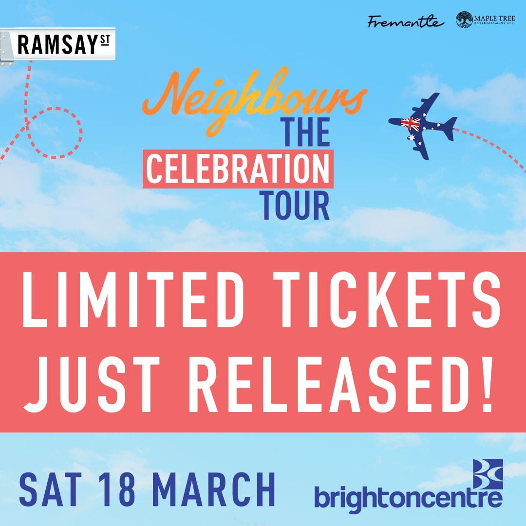class="content__text"
 JUST RELEASED! 🙌🏻 Neighbours – The Celebration Tour opens in Belfast tonight! A limited number of tickets have just been released for the sold out show at Brighton Centre on Sat 18 March. 
Tickets available here: www.brightoncentre.co.uk/whats-on/2023/neighbours-the-celebration-tour 
 
