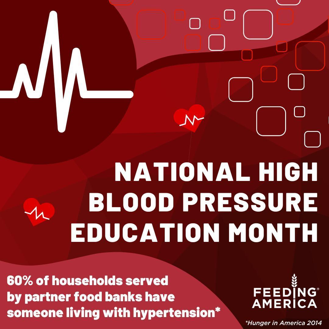 class="content__text"
 May is National High Blood Pressure Education Month. In addition to learning about the health risks of hypertension, it is important to note how and who develop it. Food insecurity and health are intricately linked. People living in food insecure homes experience challenges in accessing nutritious foods and face barriers to consistently adopting healthy eating patterns. This leads to an increased risk of developing health problems, including diabetes and hypertension.

According to Feeding America’s Hunger in America 2014 report, a third of households served by the food bank network have at least one member living with diabetes and nearly 60% of households have someone living with hypertension.

In addition, food insecure seniors are over twice as likely to report fair or poor general health, 74 percent more likely to be diabetic and 19 percent more likely to have high blood pressure. (National Health and Nutrition Examination Survey 2016)

Learn more about hunger and health by visiting our link in bio. 
 