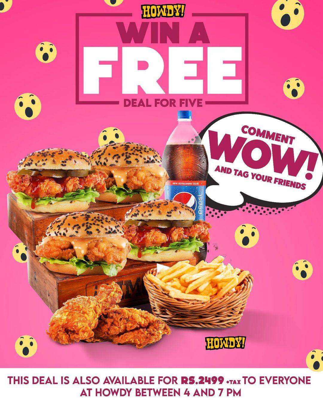 class="content__text"
 Comment WOW and tag your friends for the chance to win a FREE deal for 5 pardners! It's a truly wowdy giveaway so don't miss out!

 #Howdy #howdypakistan #howdyislamabad #bestburgersintown #islamabadfood #lahorefoodies #Pakistan #Islamabad #Lahore #itshappyning #burgers #fries #foodlovers #foodstagram #delivery #DealsAndDiscounts #deals #HowdyApp 
 
