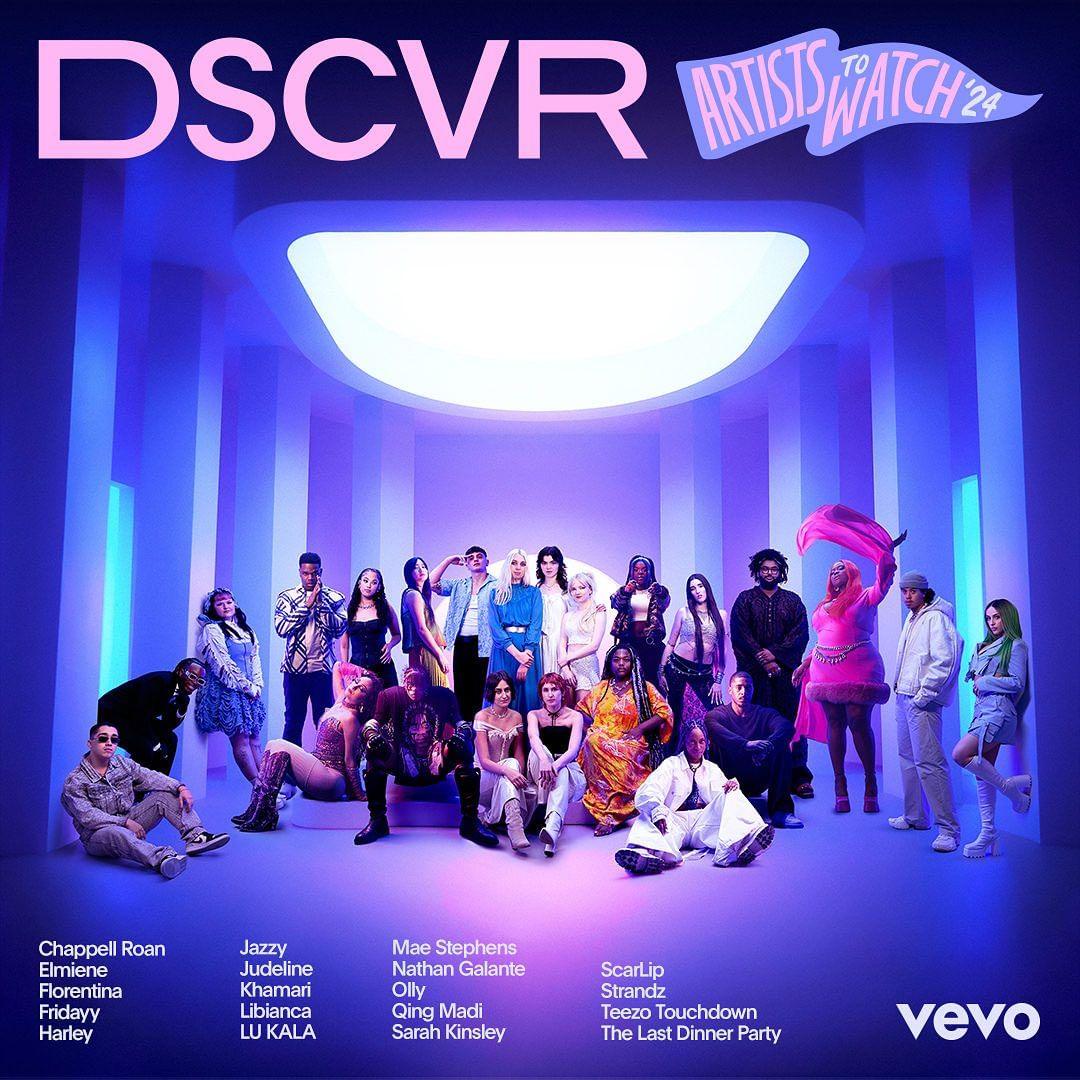 Introducing the #DSCVR Artists To Watch 2024! Over the next month we're featuring artists from around the world who are set to have a breakout year. Stay tuned for two live performances by these future stars on Vevo's iconic stage as we celebrate 10 years of DSCVR Artists to Watch. 🎉 🎤 

@chappellroan @elmiene @florentinaofficial @fridayy @harleysupa @jazzyofficial__ @judeli.ne @khamari @iamlibianca @igobylu @maestephens_ @galantnathan @olly_nclusive @qingmadi @sarahkinsleyd @scar_lip @officialstrandz @teezotouchdown @thelastdinnerparty