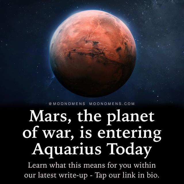 Today, February 13, Mars leaves Capricorn and enters Aquarius, catalyzing a surge of revolutionary energy and a growing desire for substantial paradigm changes. You can read up on Mars in Aquarius within our latest write-up. Tap our link in bio @moonomens 🔥

Drop a ❤️ if you’re ready for what this energy brings!

#moonomens