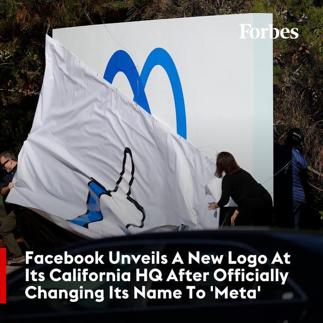 Facebook has officially changed its name to ‘Meta’, the social media giant announced at its annual conference on augmented reality and virtual reality technology Thursday. 

During the conference, the company’s sign at its One Hacker Way headquarters in Menlo Park was covered with a temporary canvas adorned with a thumbs-up logo. 

Once the new name was announced, the temporary canvas was removed, unveiling a new logo for a new name: a blue infinity-like symbol.

Facebook’s new name ‘Meta’ is Greek for “beyond,” said Facebook CEO Mark Zuckerberg at the event. Swipe through to see the before and after, and learn more about the new moniker via our bio link.