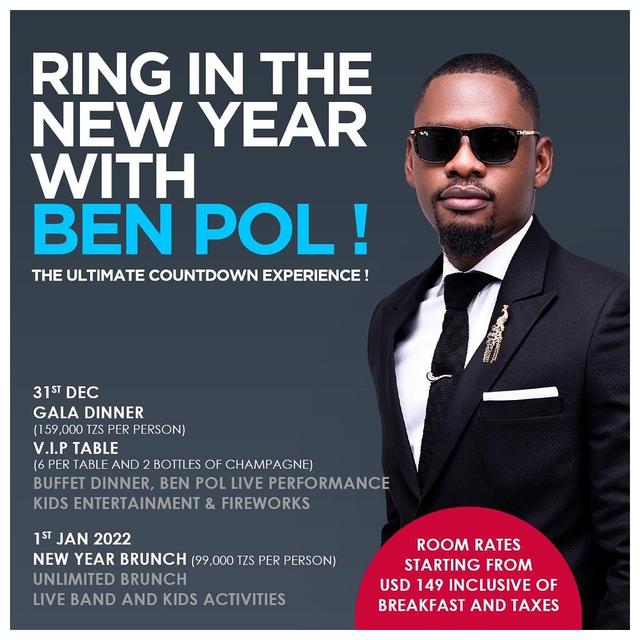 DO NOT MISS THE BIGGEST END OF THE YEAR CONCERT AT RAMADA RESORT, MBEZI BEACH.

Come and ring in the new year with me. Experience a new year's eve full of joy and holiday cheer!  An evening of exquisite food, fireworks, kids entertainment and live music with Ben Pol and The Band. 
An evening to remember! 

When: Dec 31st 2021, starts at 7pm
Where: Ramada Resort, Mbezi Beach, Dar
Reservations: +255 753 333 800 (WhatsApp) 

@ramadaresortdar #RamadaHotel #MbeziBeach #Daressalaam #benpol #bthekingofrnb #bthekingoflive